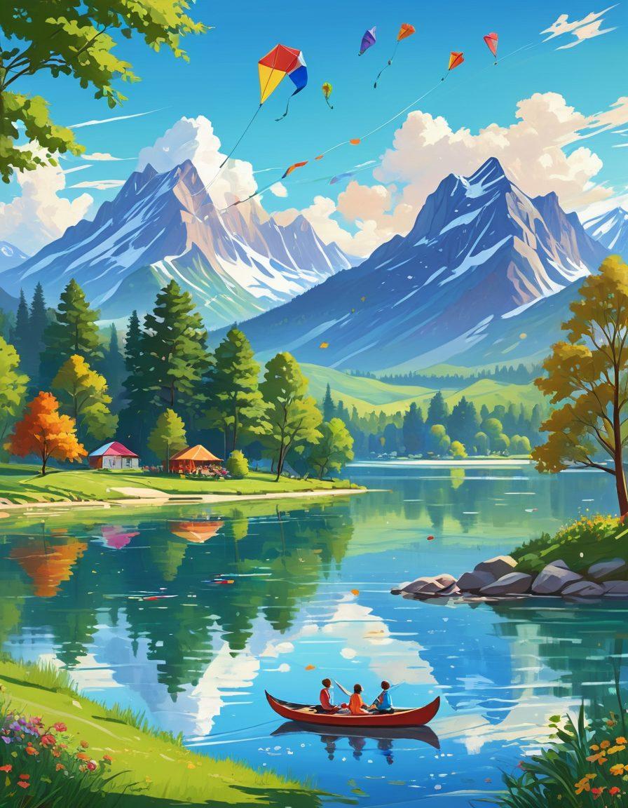 A family enjoying a scenic picnic by the lake, complete with a colorful spread of food, children flying kites, and a canoe in the water. Majestic mountains in the background and lush green trees surround the area. The sky is bright blue with fluffy white clouds. vector art. vibrant colors.
